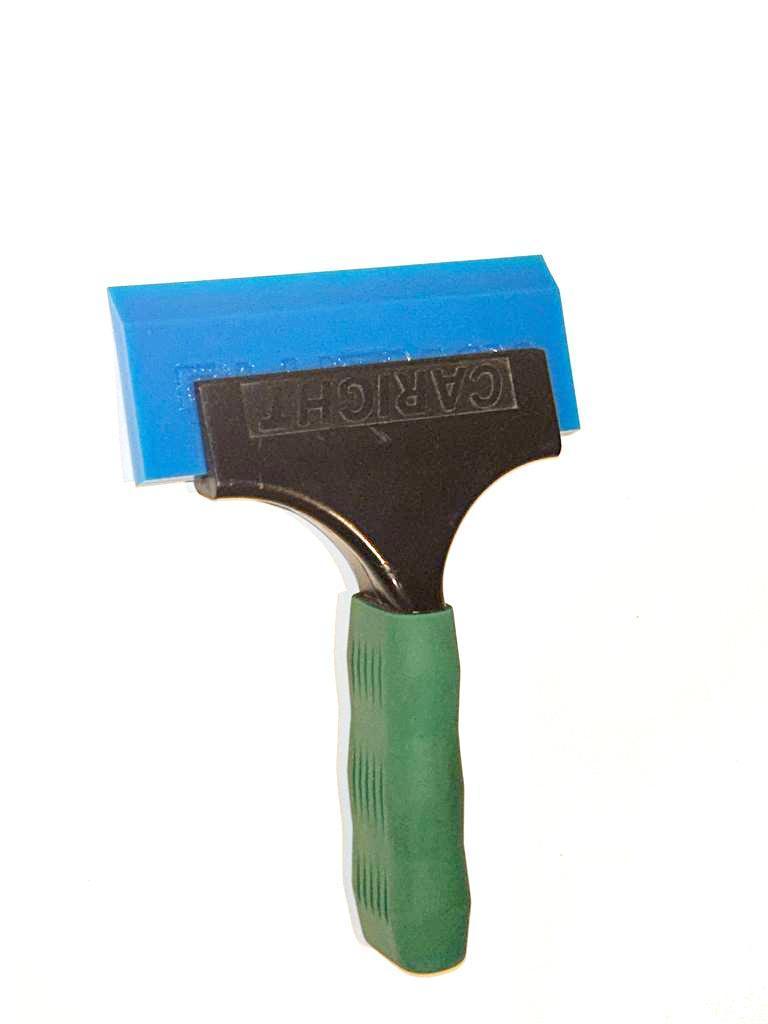 Rakel mit blauem Gummi und grünem Griff, Werkzeug für Fensterfolien Montage