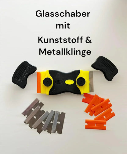 Glasschaber mit gelbem Griff, Metall- und Kunststoffklingen, Ersatzklingen daneben