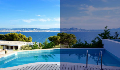 Vergleichsbilder Fensterfolie: Blick auf Pool und Meer, links hell, rechts mit Tönung