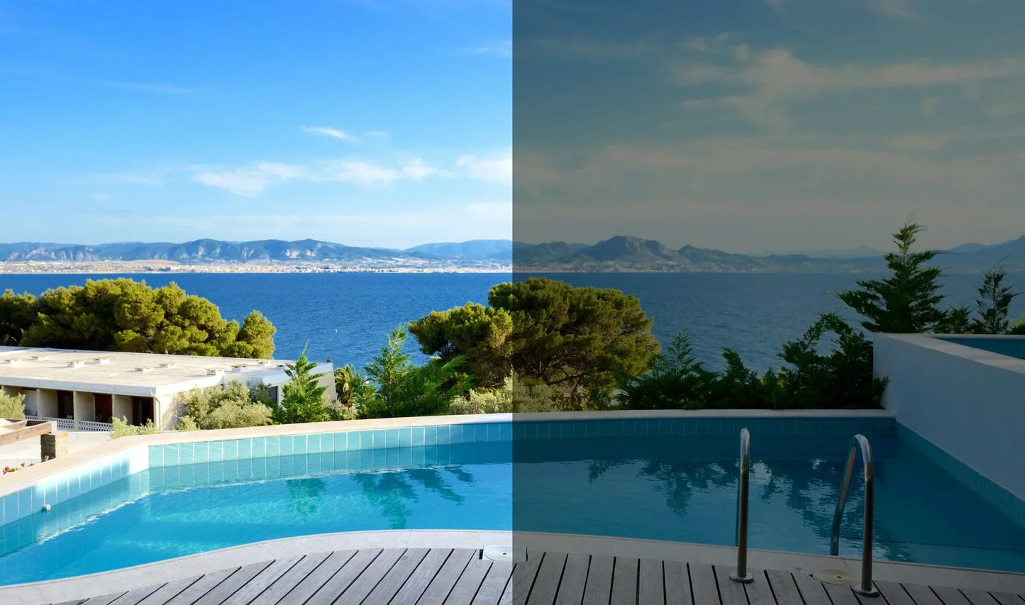 Vergleich Fensterfolie: Poollandschaft mit Meerblick, links ohne Folie, rechts mit Sonnenschutzfolie