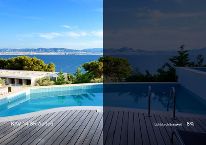 Vergleich Fensterfolie: Pool und Meerblick, links klar, rechts KAV 14 SR Außen mit 8% Lichtdurchlässigkeit