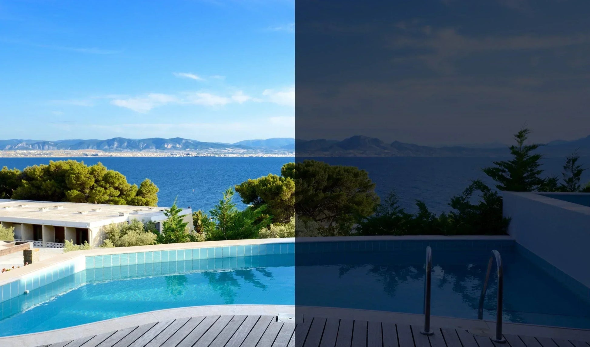 Vergleich Fensterfolie: Heller und abgedunkelter Meerblick durch Sonnenschutzfolie am Pool