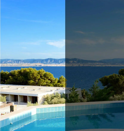 Vergleich Fensterfolie: Helle und getönte Sicht auf Pool, Meer und Landschaft
