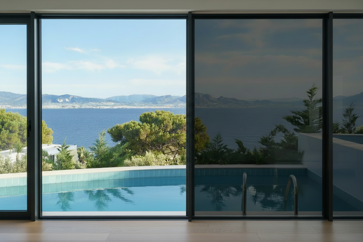 KA1020 SR Hitzeschutzfolie 20% LD, Wohnzimmer, Blick durch Panoramafenster auf den Pool, Meer und Berge