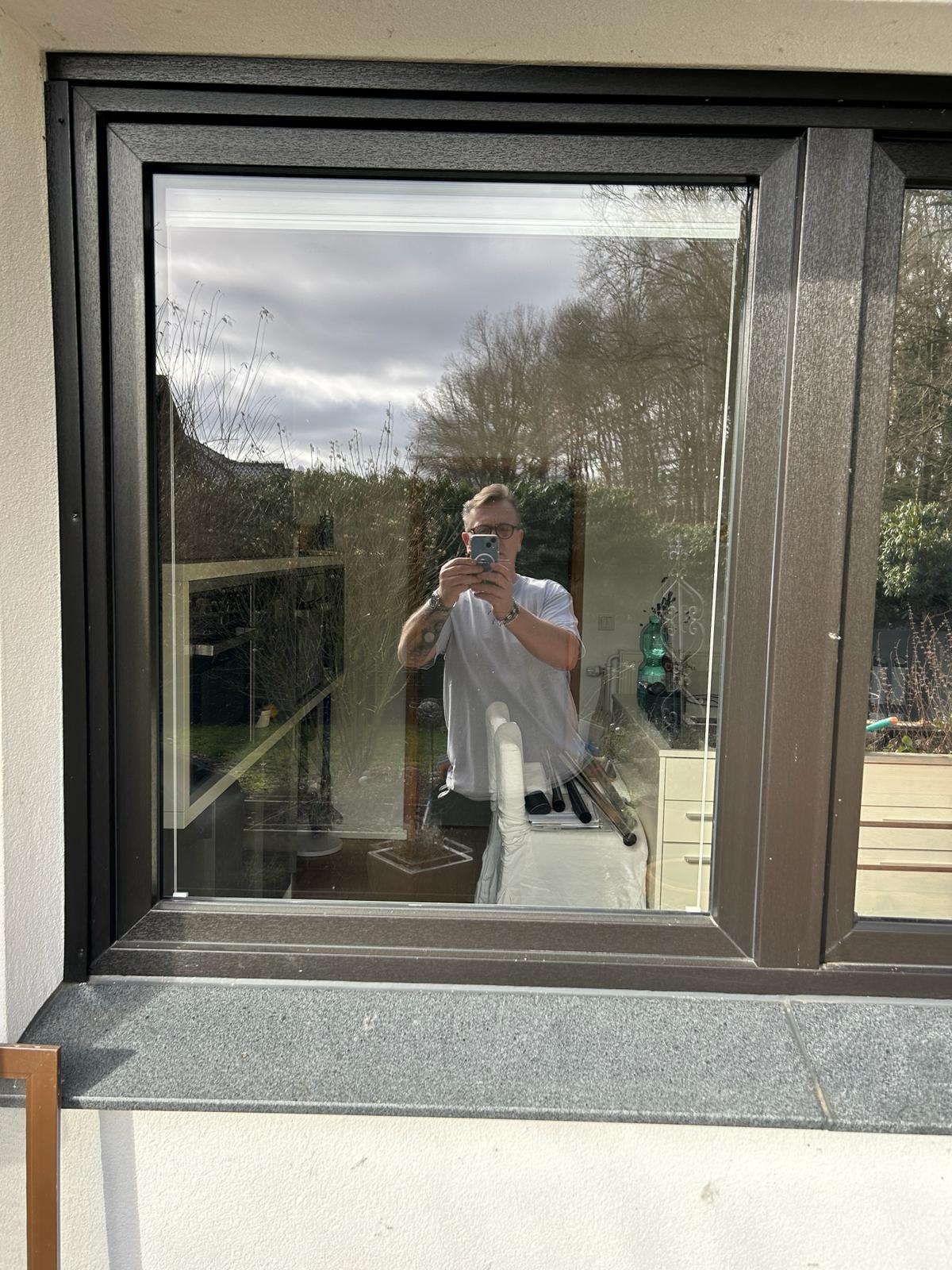 Fenster mit dunklem Rahmen, klare Reflexion, Außenaufnahme, Garten im Hintergrund