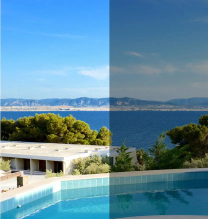 Vergleich Fensterfolie mit und ohne Sonnenschutz, Blick auf Pool, Meer und Berge