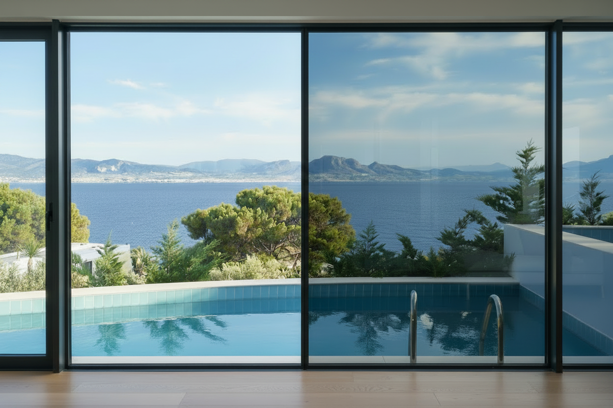 KA1035 SR Hitzeschutzfolie  LD 40%, Wohnzimmer, Blick durch Panoramafenster auf den Pool, Meer und Berge