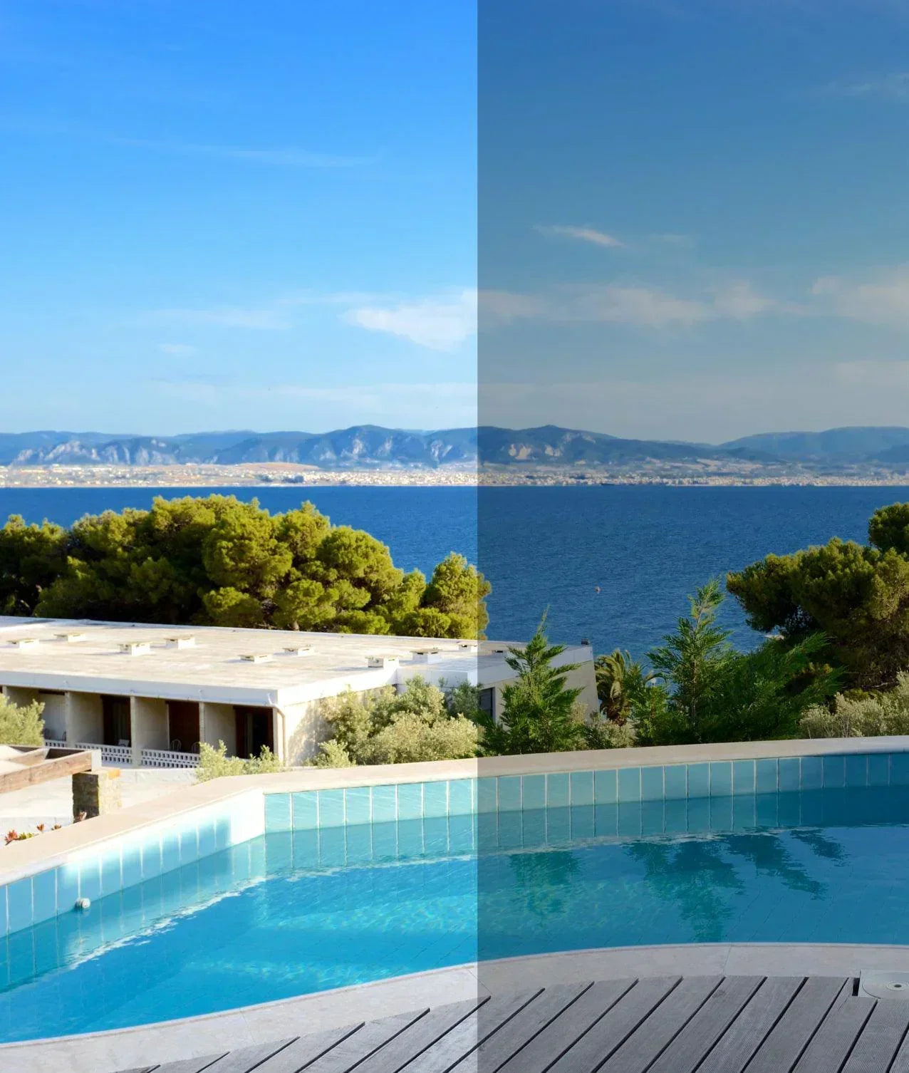 Vergleich Fensterfolie: getönt und klar, Blick auf Pool, Meer und Berge im Hintergrund.