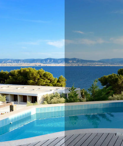 Vergleich Fensterfolie: getönt und klar, Blick auf Pool, Meer und Berge im Hintergrund.