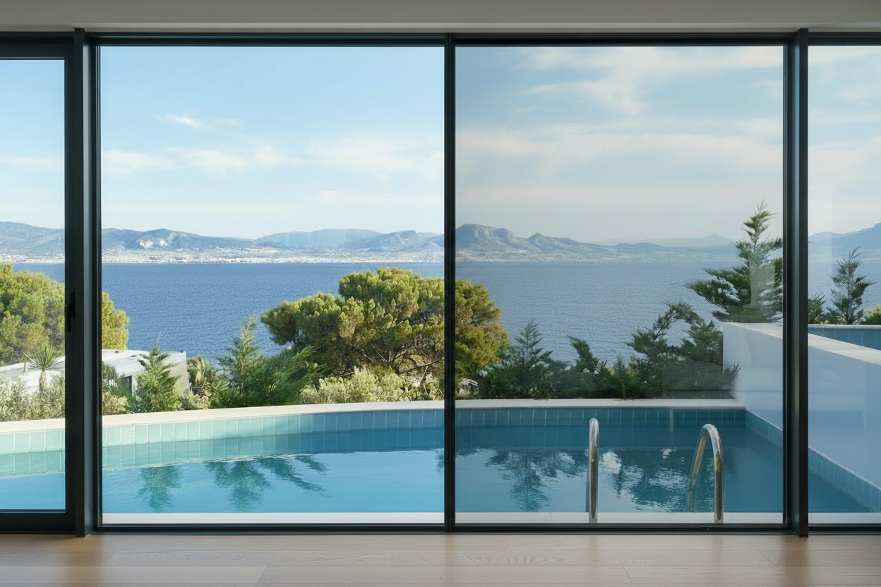 KA1050 SR Hitzeschutzfolie LD 59 %, Wohnzimmer, Blick durch Panoramafenster auf den Pool, Meer und Berge