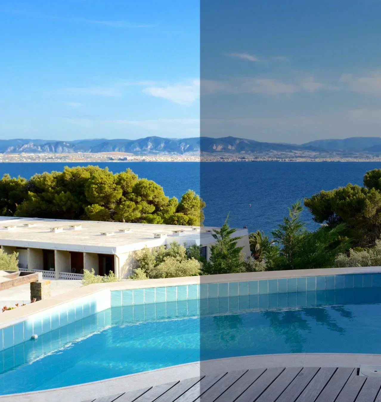 Vergleichsansicht mit und ohne Fensterfolie, Blick auf Pool, Meer und Berge, Sonnenschutz Wirkung