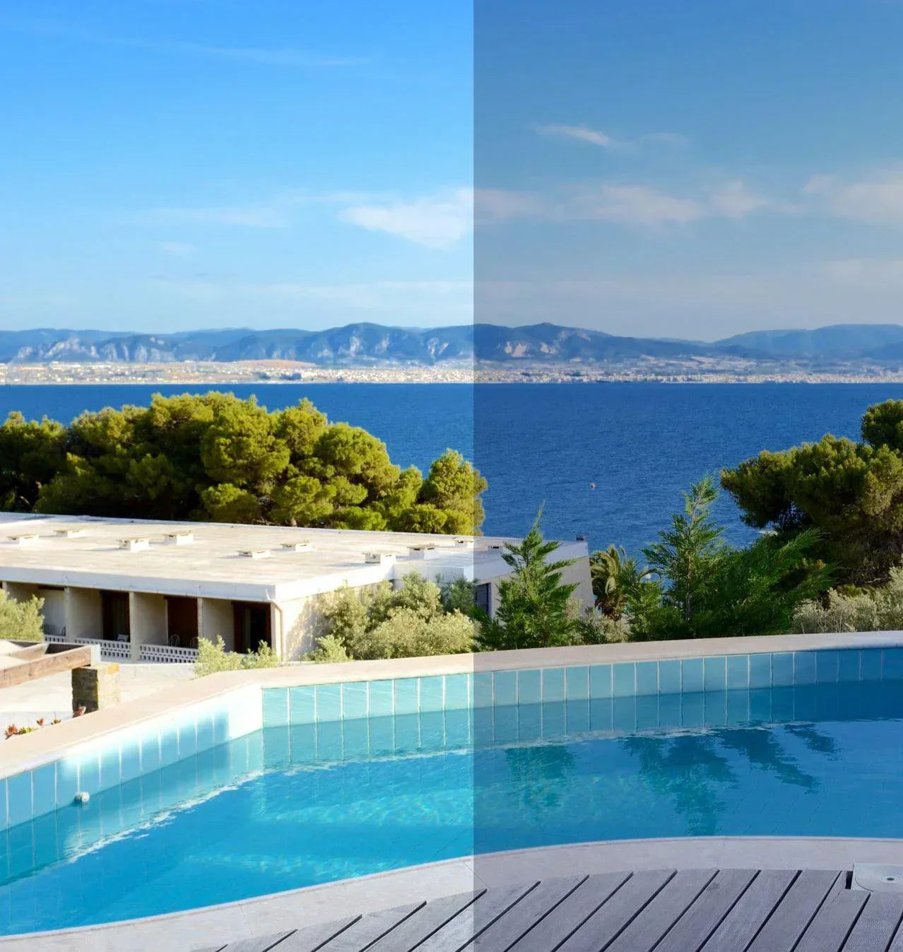 Vergleich Fensterfolie Effekt: Sicht auf Pool, Meer und Berge, links ohne, rechts mit Fensterfolie