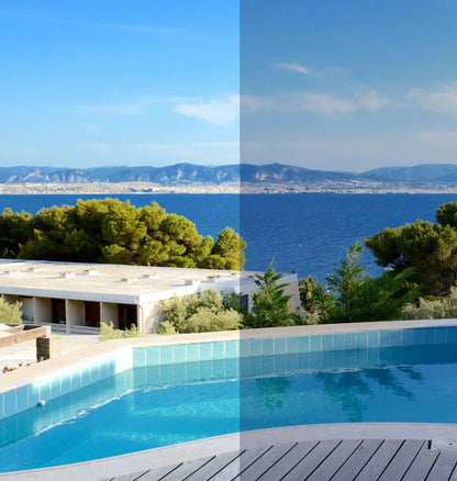 Vergleich Fensterfolie Effekt: Sicht auf Pool, Meer und Berge, links ohne, rechts mit Fensterfolie