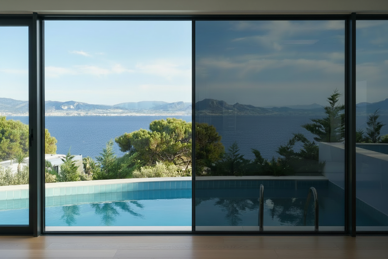 KAV14SR, Silberfolie, Lichtduchlässigkeit 10%, Wohnzimmer, Blick durch Panoramafenster auf den Pool, Meer und Berge