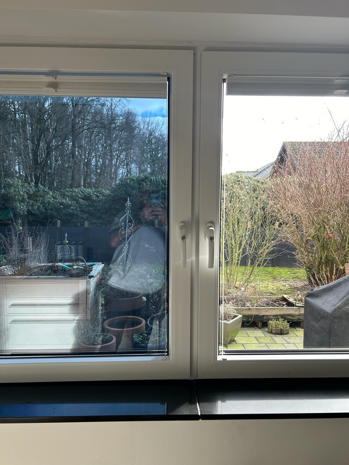 Fenster mit Vergleich: linke Scheibe mit Fensterfolie, rechte ohne Folie, Blick in Garten