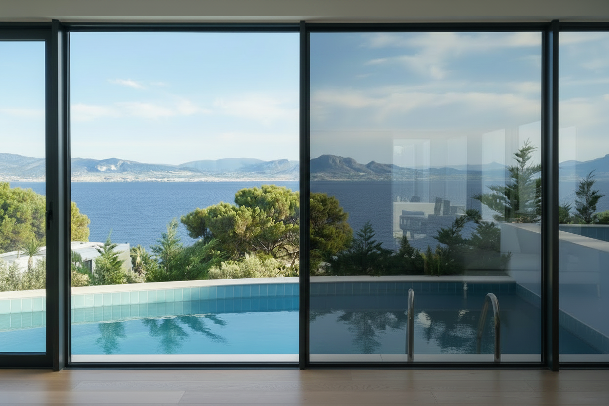 KA 20 SR Silberfolie, Lichtdurchlässigkleit 24%, Wohnzimmer, Blick durch Panoramafenster auf den Pool, Meer und Berge