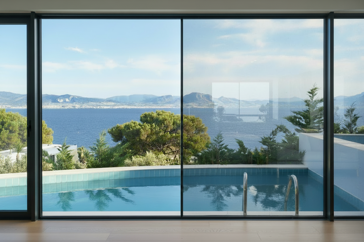 KA 35 SR Silberfolie, Lichtdurchlässigkeit 43%, Wohnzimmer, Blick durch Panoramafenster auf den Pool, Meer und Berge