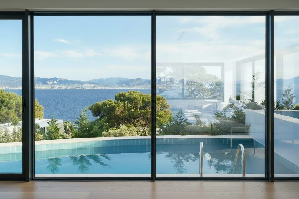 KA 50 SR Spiegelfolie, Lichtdurchlässigkeit 59, Wohnzimmer, Blick durch Panoramafenster auf den Pool, Meer und Berge