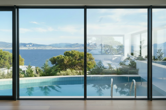 KA 50 SR Spiegelfolie, Lichtdurchlässigkeit 59, Wohnzimmer, Blick durch Panoramafenster auf den Pool, Meer und Berge