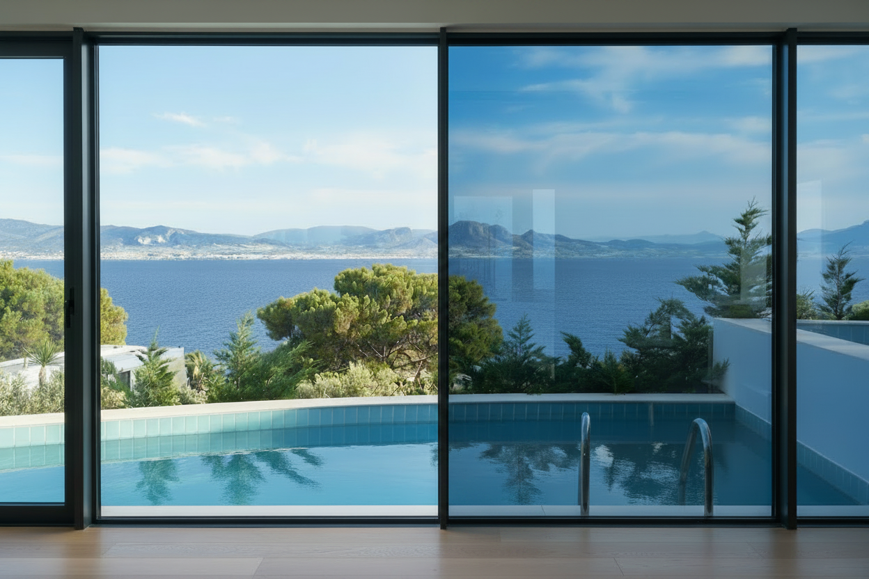 KA BLAU SR, Lichtdurchlässigkeit 15%, Wohnzimmer, Blick durch Panoramafenster auf den Pool, Meer und Berge