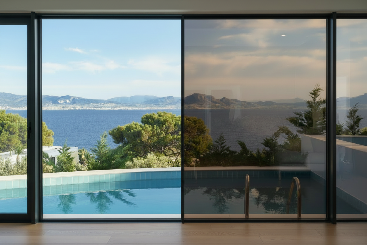 KA BRONZE SR, Lichtdurchlässigkeit 11%, Wohnzimmer, Blick durch Panoramafenster auf den Pool, Meer und Berge