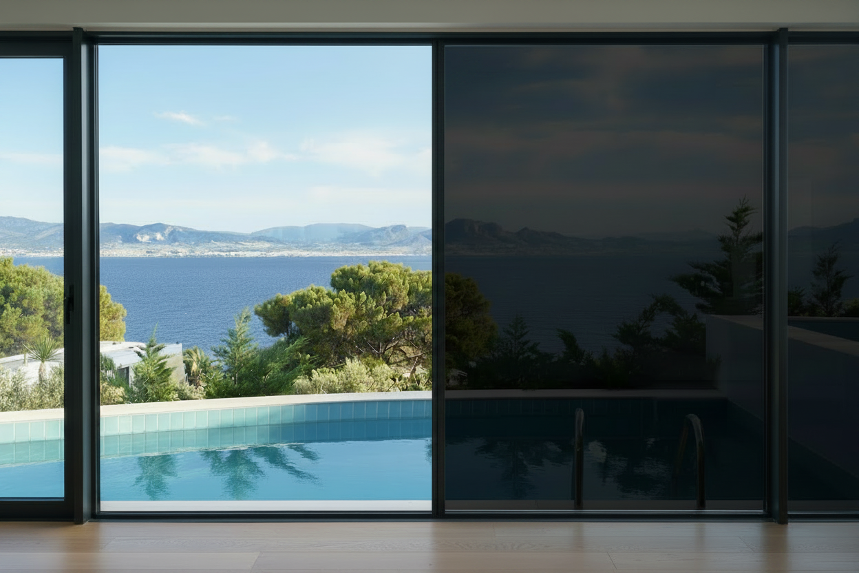 KA CH 95 SR ohne Verspiegelung, Lichtdurchlässigkeit 6%, Wohnzimmer, Blick durch Panoramafenster auf den Pool, Meer und Berge