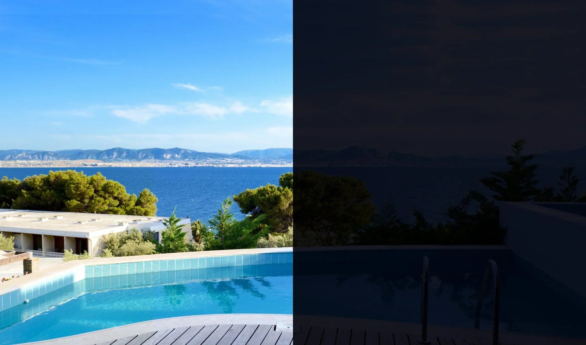 Vergleich Fensterfolie silber, schützt vor Sonneneinstrahlung, Blick auf Pool und Meer