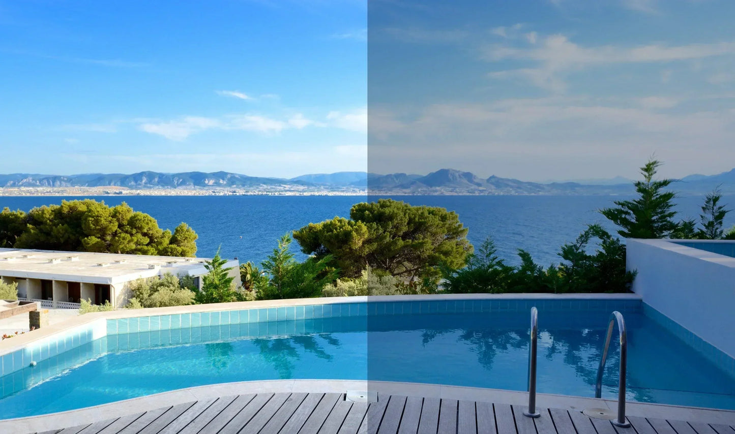 Panorama mit Pool und Meerblick, links ohne Fensterfolie, rechts mit Sonnenschutzfolie