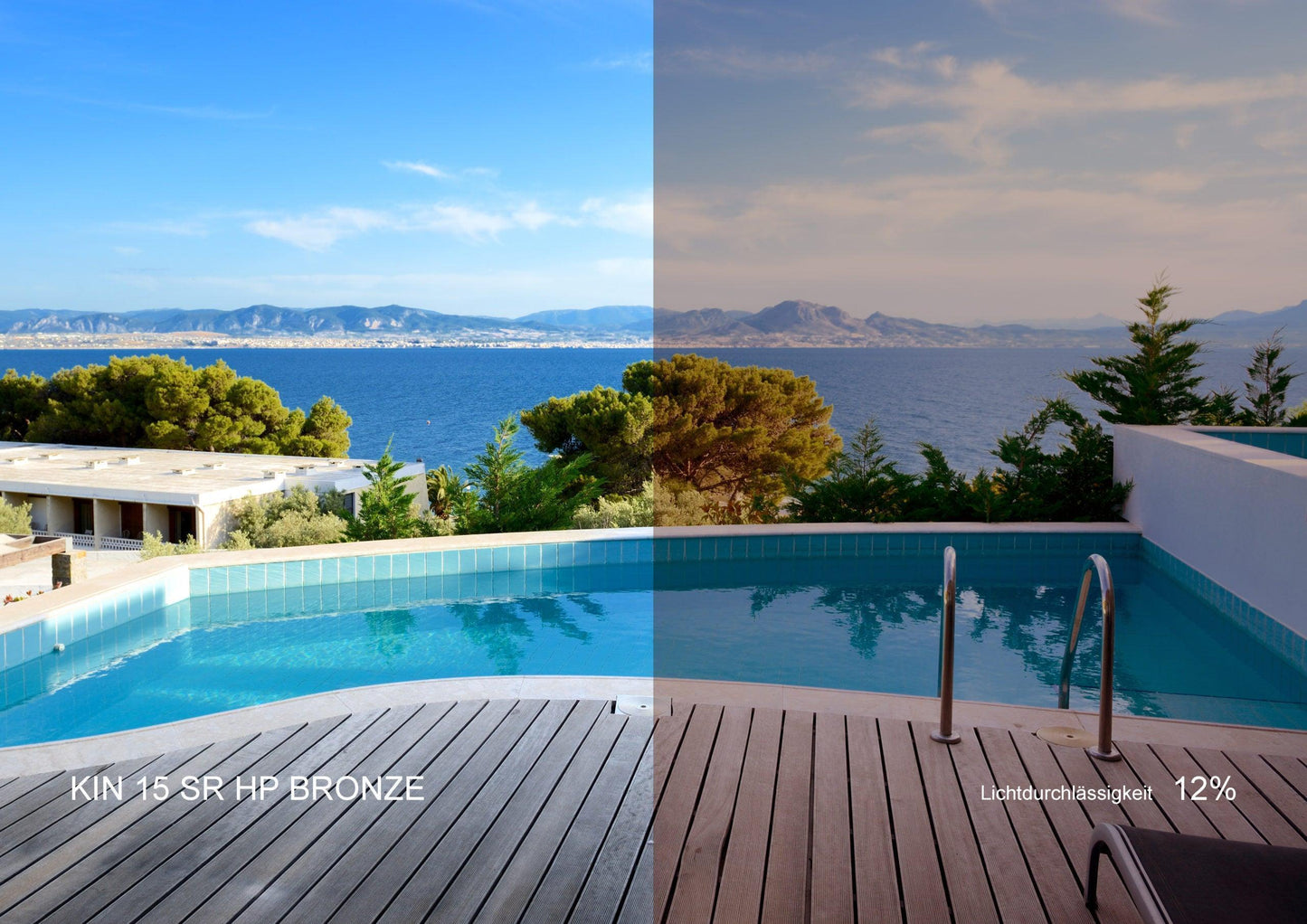 Vergleichsansicht einer Poolterrasse mit Ausblick aufs Meer, links ohne und rechts mit bronze Fensterfolie, Lichtdurchlässigkeit 12%.