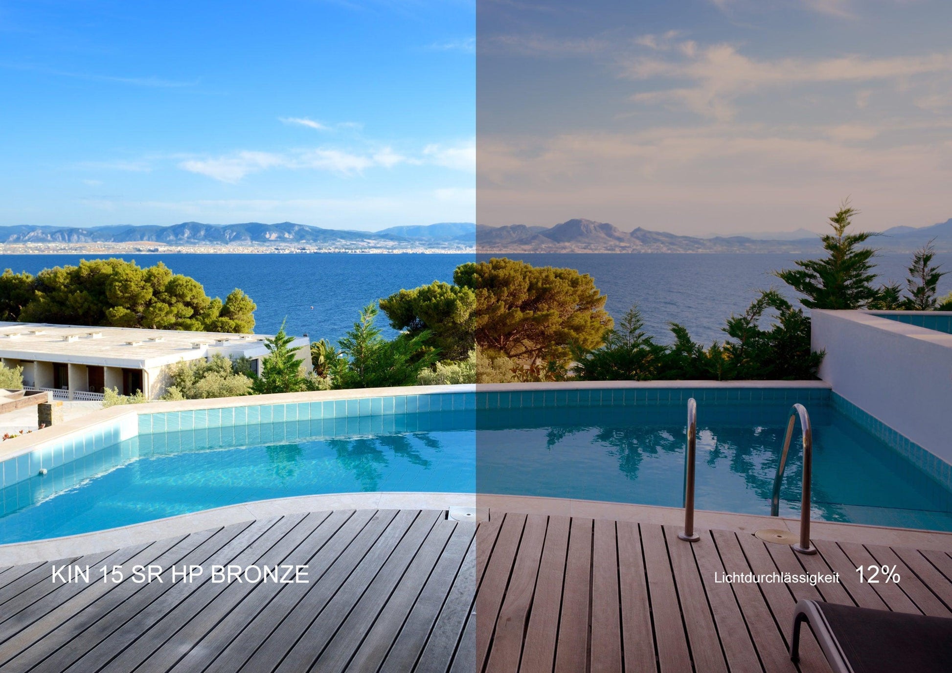 Vergleichsansicht einer Poolterrasse mit Ausblick aufs Meer, links ohne und rechts mit bronze Fensterfolie, Lichtdurchlässigkeit 12%.