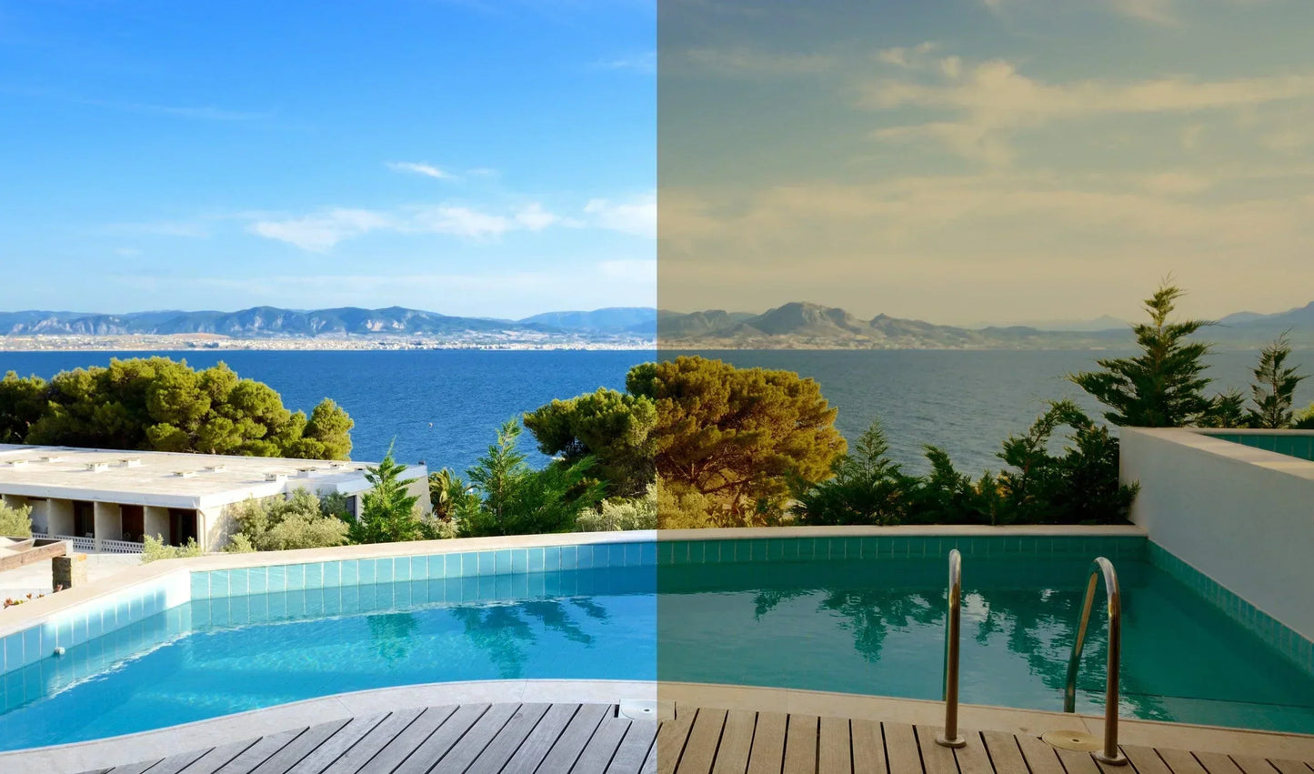 Vergleichsansicht mit und ohne Fensterfolie, Pool und Meerblick, Sonnen- und UV-Schutz