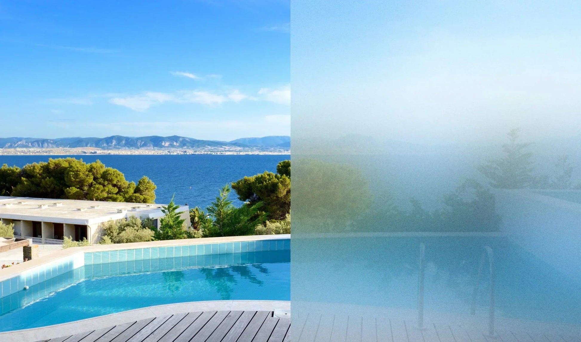 Vergleich von klarem und mattiertem Fenster mit Sichtschutzfolie, Pool und Meer im Hintergrund