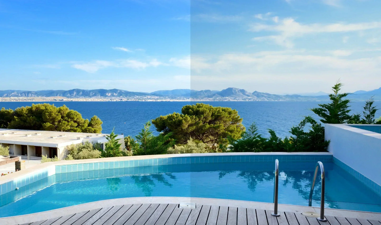 Vergleich Fensterfolie am Pool mit Meerblick, Sonnenschutz, Unterschied Helligkeit