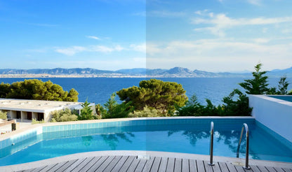 Vergleich Fensterfolie am Pool mit Meerblick, Sonnenschutz, Unterschied Helligkeit