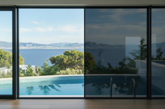 KIN 100 SR HP, Lichtdurchlässigkeit 0%, Wohnzimmer, Blick durch Panoramafenster auf den Pool, Meer und Berge
