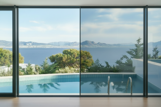 KIN_1050_SR_HP, Lichtdurchlässigkeit 49%, Wohnzimmer, Blick durch Panoramafenster auf den Pool, Meer und Berge