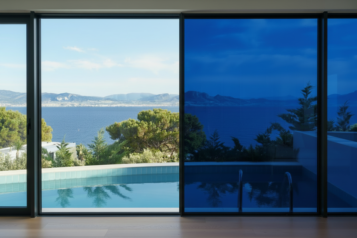 KIN 15 SR HP Blau Lichtdurchlässigkeit 12%, Wohnzimmer, Blick durch Panoramafenster auf den Pool, Meer und Berge