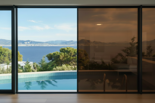 KIN 15 SR HP Bronze Lichtdurchlässigkeit 12%, Wohnzimmer, Blick durch Panoramafenster auf den Pool, Meer und Berge