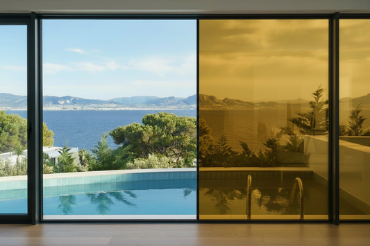 KIN 15 SR HP Gold, Lichtdurchlässigkeit 15%, Wohnzimmer, Blick durch Panoramafenster auf den Pool, Meer und Berge