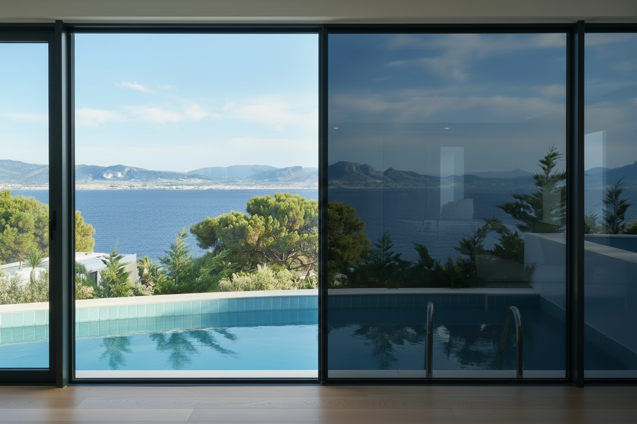 KIN_20_SR_HP, Lichtdurchlässigkeit 23%, Wohnzimmer, Blick durch Panoramafenster auf den Pool, Meer und Berge