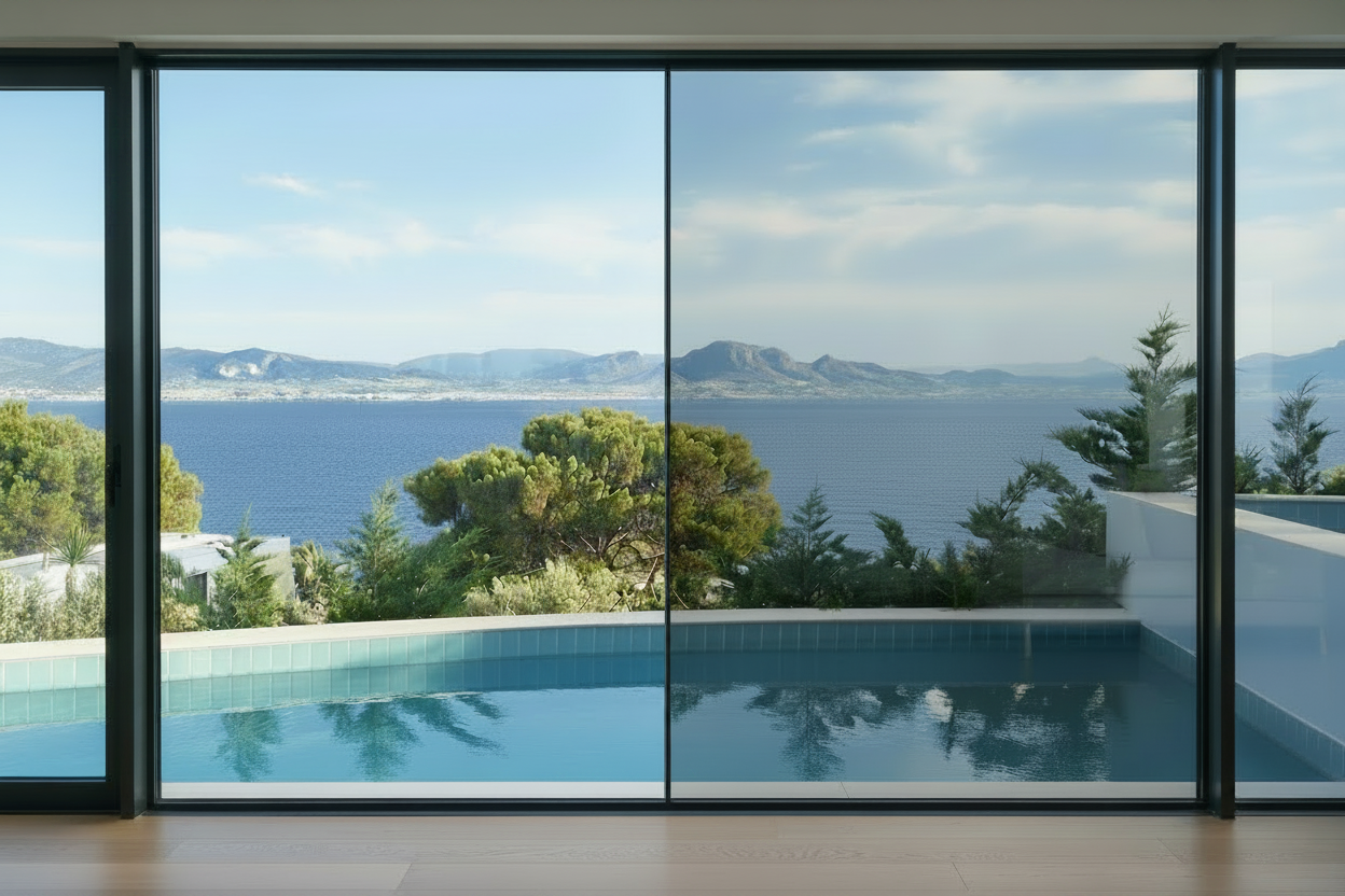KIN_35_SR_HP, Lichtdurchlässigkeit 44%, Wohnzimmer, Blick durch Panoramafenster auf den Pool, Meer und Berge
