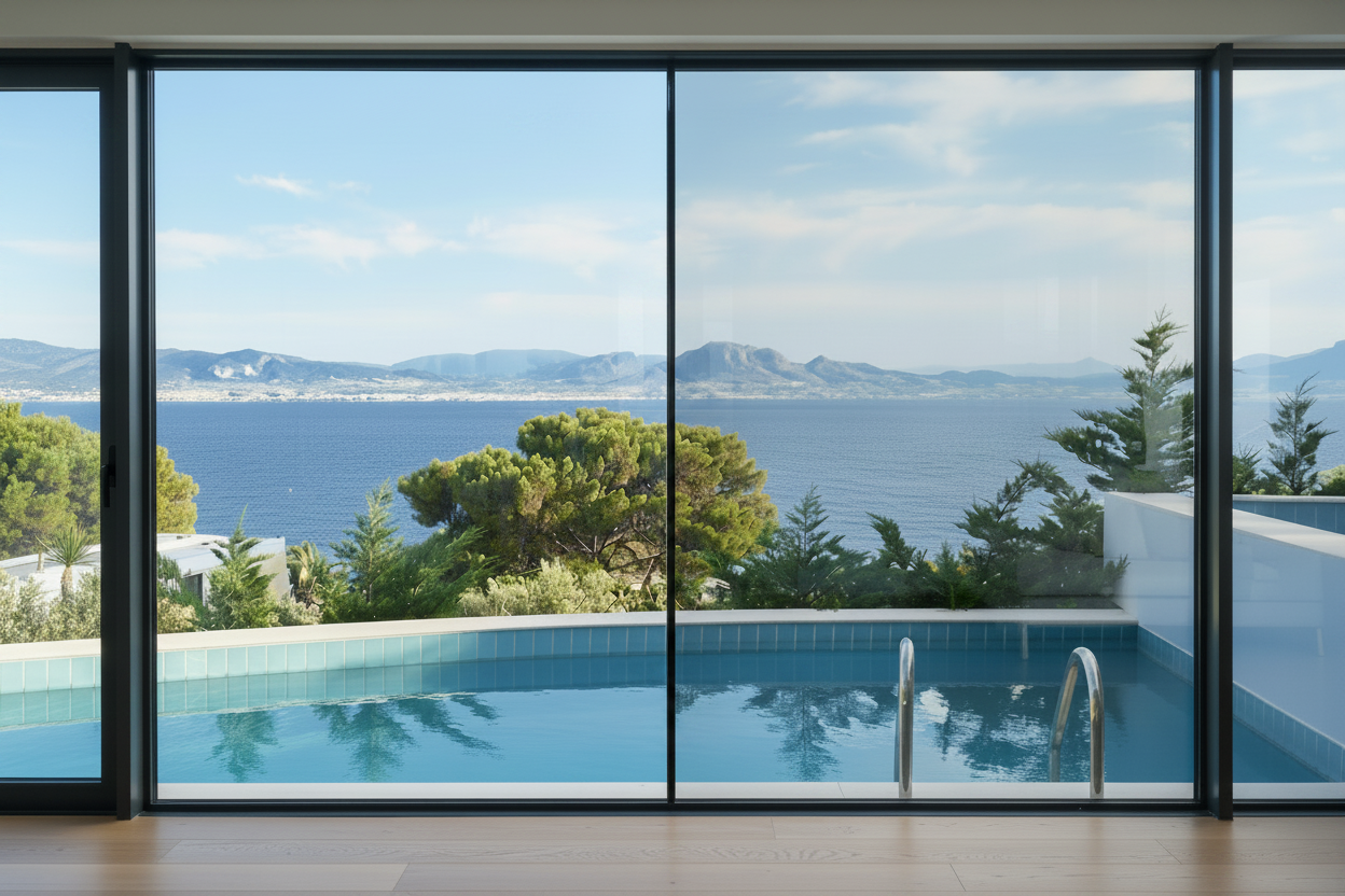 KIN_50_SR_HP, Lichtdurchlässigkeit 59%, Wohnzimmer, Blick durch Panoramafenster auf den Pool, Meer und Berge