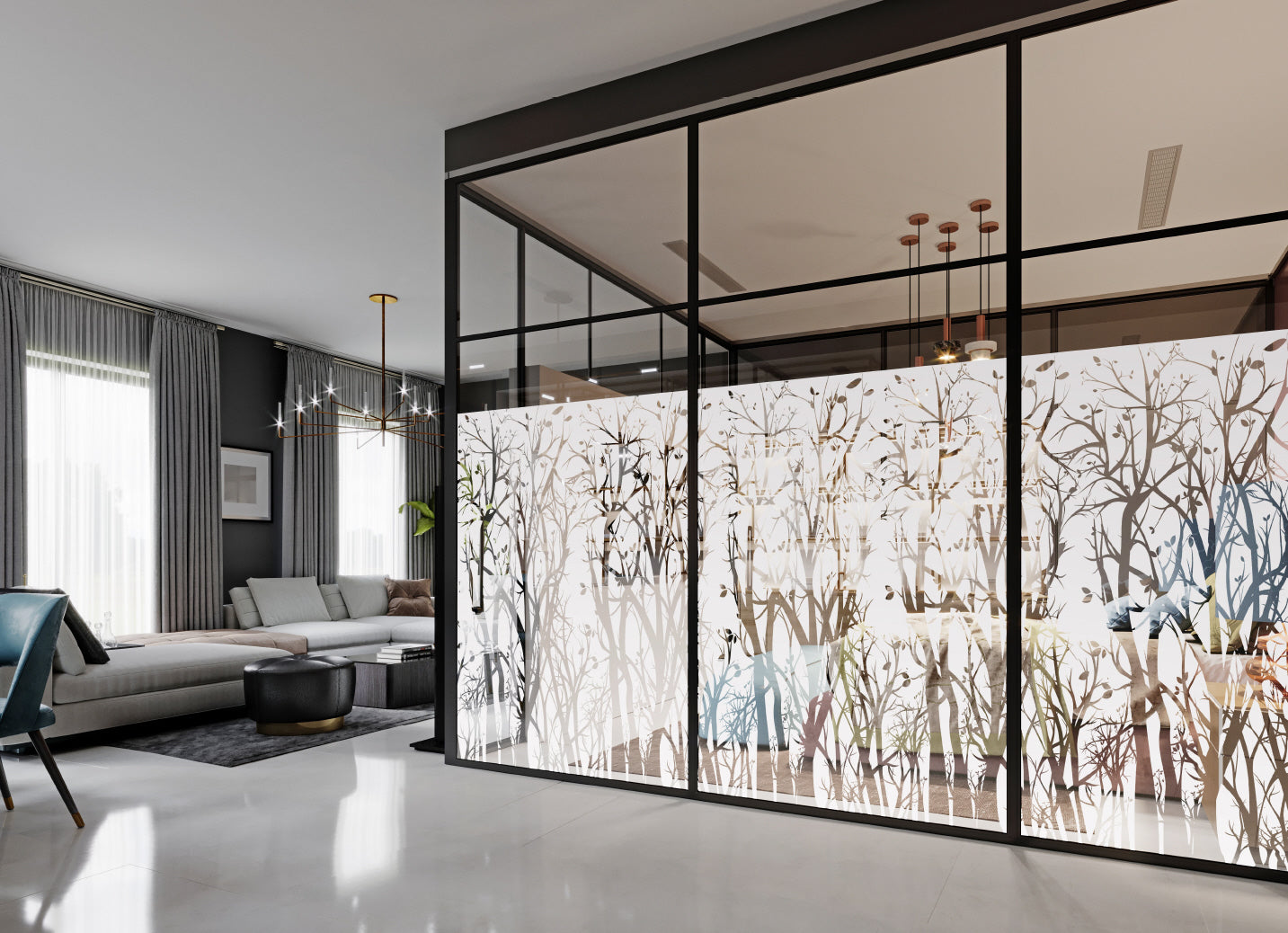 Sichtschutzfolie mit Baum-Motiv für moderne Wohnräume, stilvolle Fensterfolie mit Design