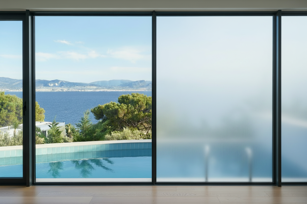 KIN_PS_2_weiss_matt, Wohnzimmer, Blick durch Panoramafenster auf den Pool, Meer und Berge