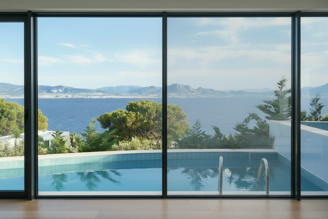 KIN V SR 60, Lichtdurchlässigkeit 61%, Wohnzimmer, Blick durch Panoramafenster auf den Pool, Meer und Berge