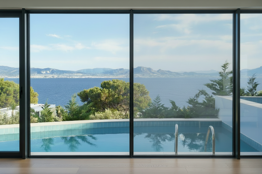 KIN V SR 60, Lichtdurchlässigkeit 61%, Wohnzimmer, Blick durch Panoramafenster auf den Pool, Meer und Berge