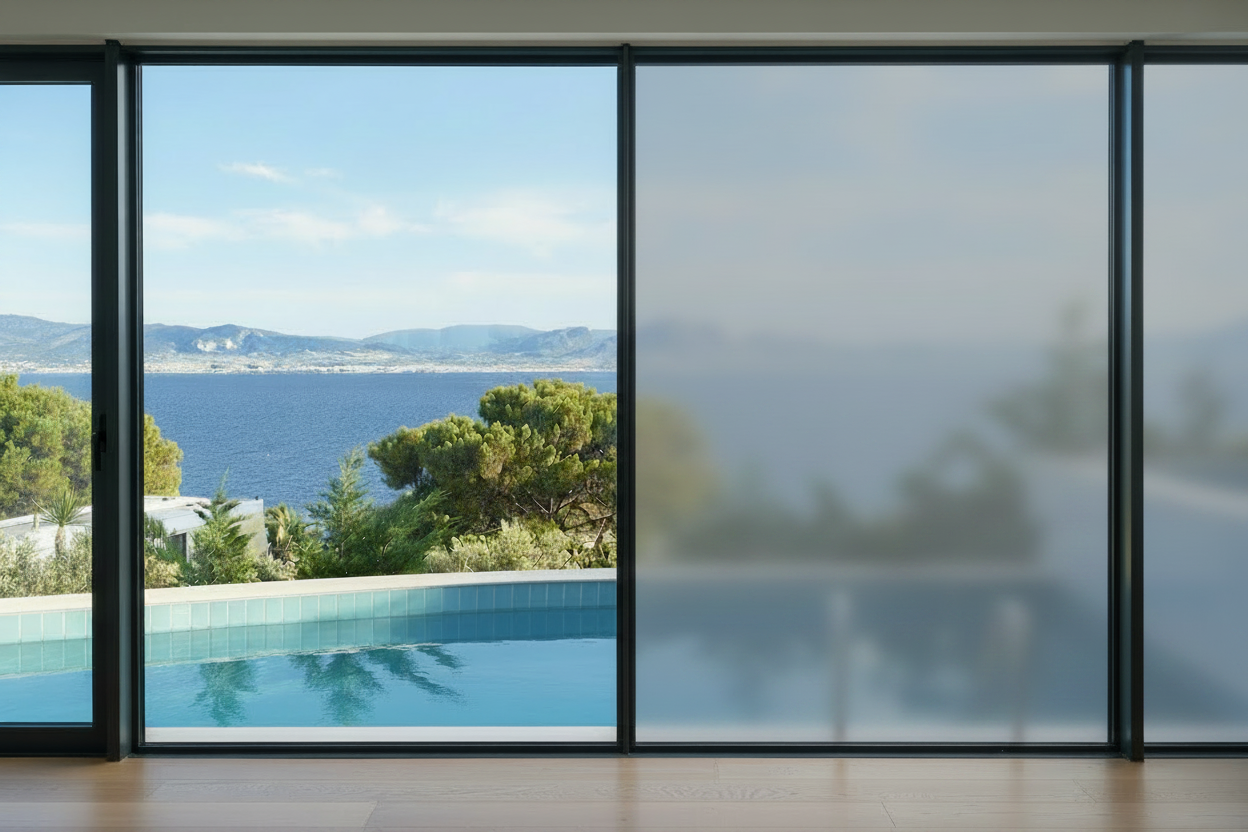 KIN matt Grey, Wohnzimmer, Blick durch Panoramafenster auf den Pool, Meer und Berge
