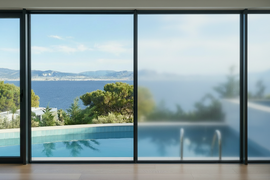 KIN matt Silber, Wohnzimmer, Blick durch Panoramafenster auf den Pool, Meer und Berge