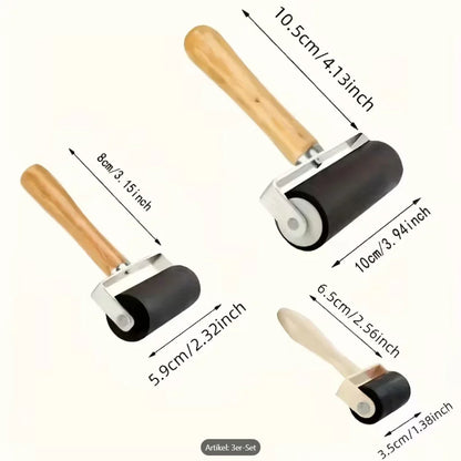 Set aus drei Fensterfolien-Rollenwerkzeugen mit Holzgriff, Größenangaben in cm und Zoll.