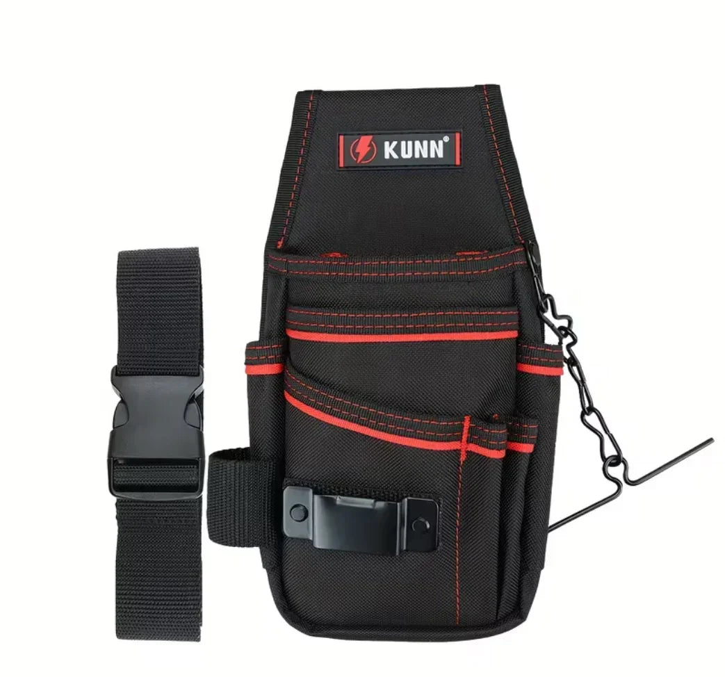 Schwarze Werkzeugtasche mit roter Naht, mehreren Fächern und abnehmbarem Gurt